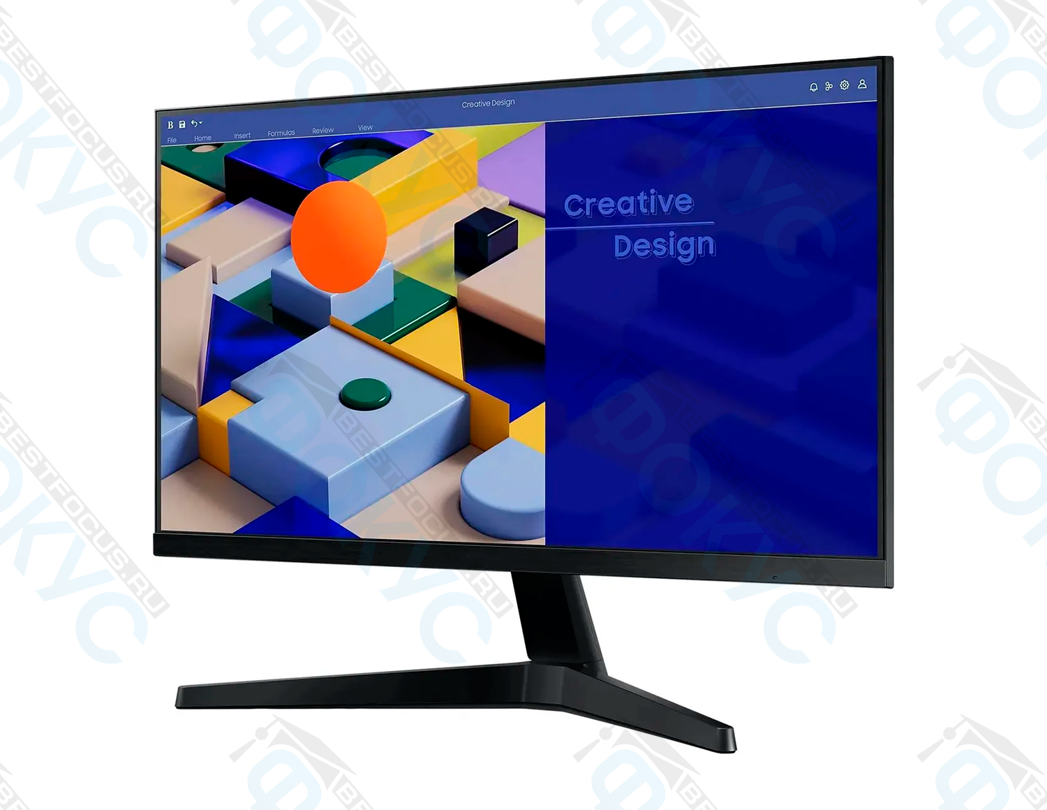 Монитор 23.8 дюйма с изображением цветных 3D фигур и надписью Creative Design