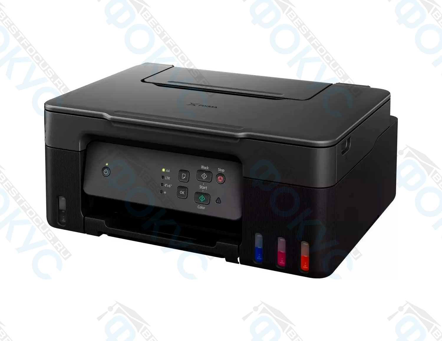 МФУ струйное с фронтальной панелью управления и видимыми резервуарами для чернил для цветной печати и копирования