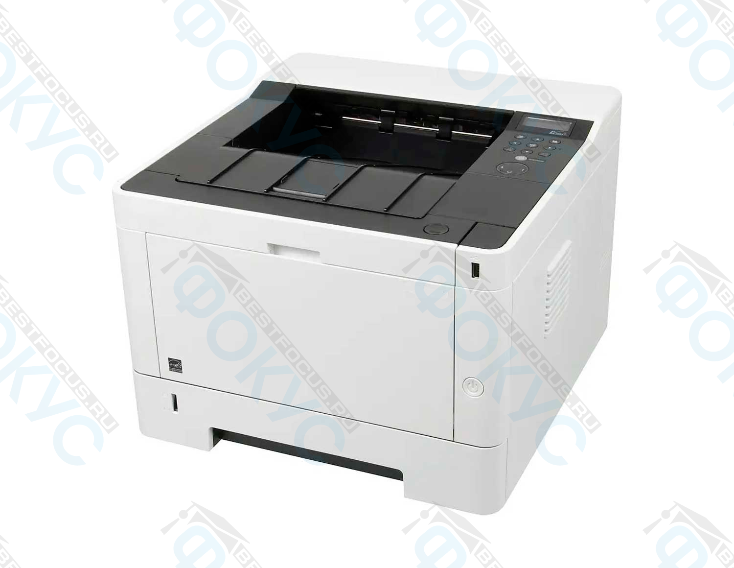 Лазерный принтер белого цвета с черной панелью управления и верхним выходом бумаги для интенсивной офисной печати