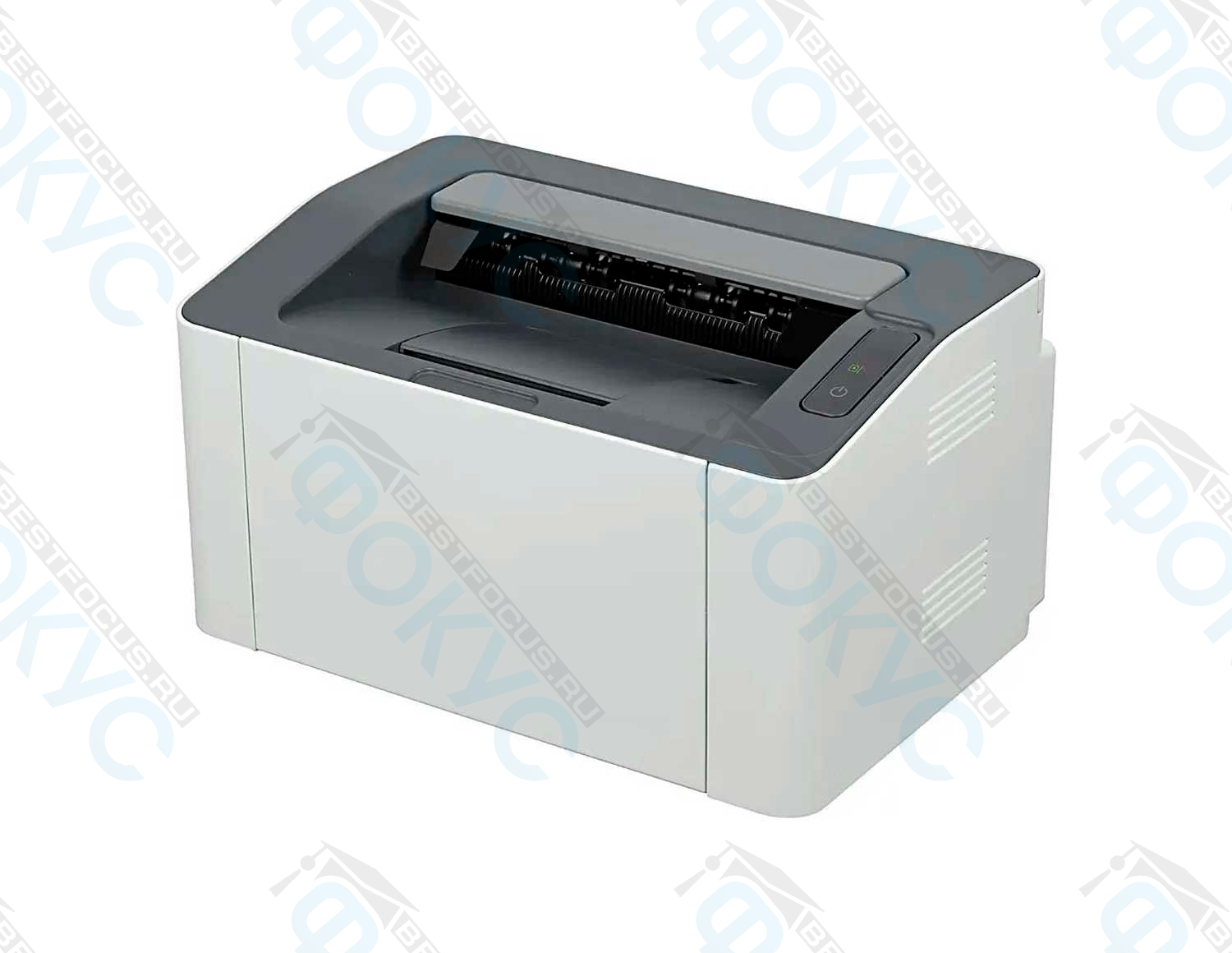 Компактный лазерный принтер серо-белого цвета с верхней подачей бумаги и панелью управления сбоку