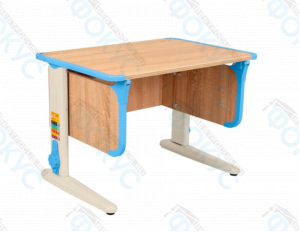 Ученический стол с регулируемой высотой, корпус под дерево, пластиковые синие накладки на углах и стойках