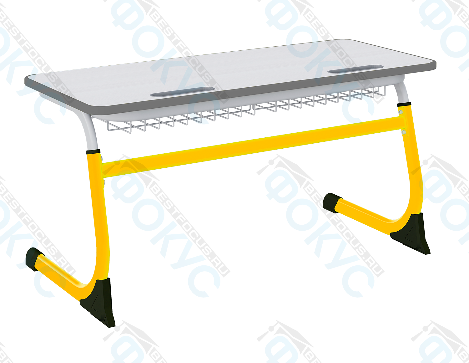 Ученическая парта с серой столешницей, металлической сеткой под ней и жёлтыми изогнутыми металлическими опорами