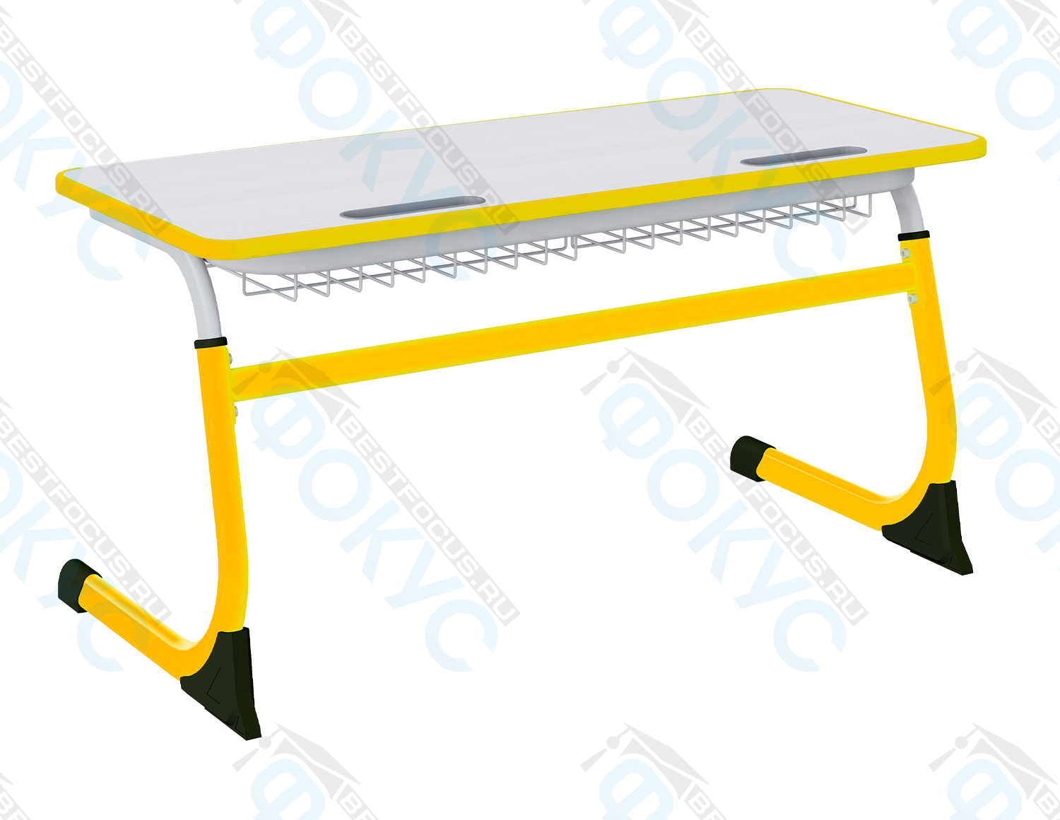 Ученическая парта с серой столешницей, жёлтой кромкой, металлической сеткой под ней и жёлтыми изогнутыми металлическими опорами