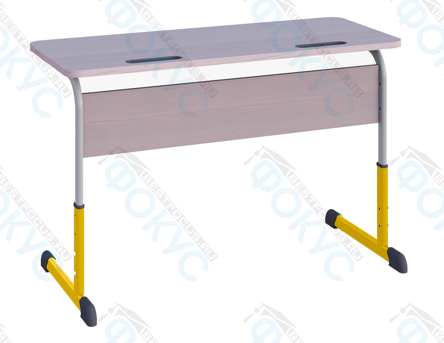 Ученическая парта с серой столешницей с вырезом, экраном под дерево и регулируемыми жёлтыми металлическими опорами