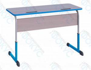 Ученическая парта с серой столешницей с вырезом, экраном под дерево и регулируемыми синими металлическими опорами