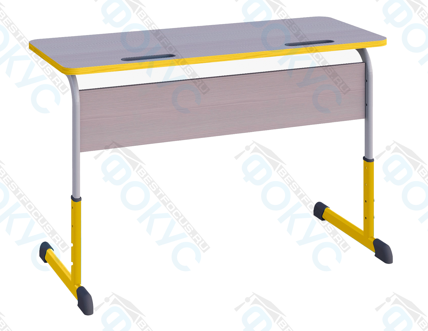 Учебная парта с серой столешницей с вырезом, экраном под дерево и регулируемыми жёлтыми металлическими опорами