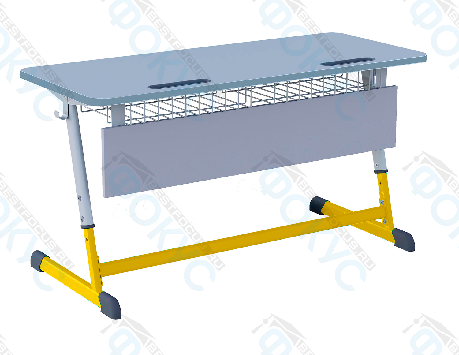 Двухместная школьная парта с голубой столешницей, металлической сеткой, защитным экраном и желтыми регулируемыми металлическими опорами