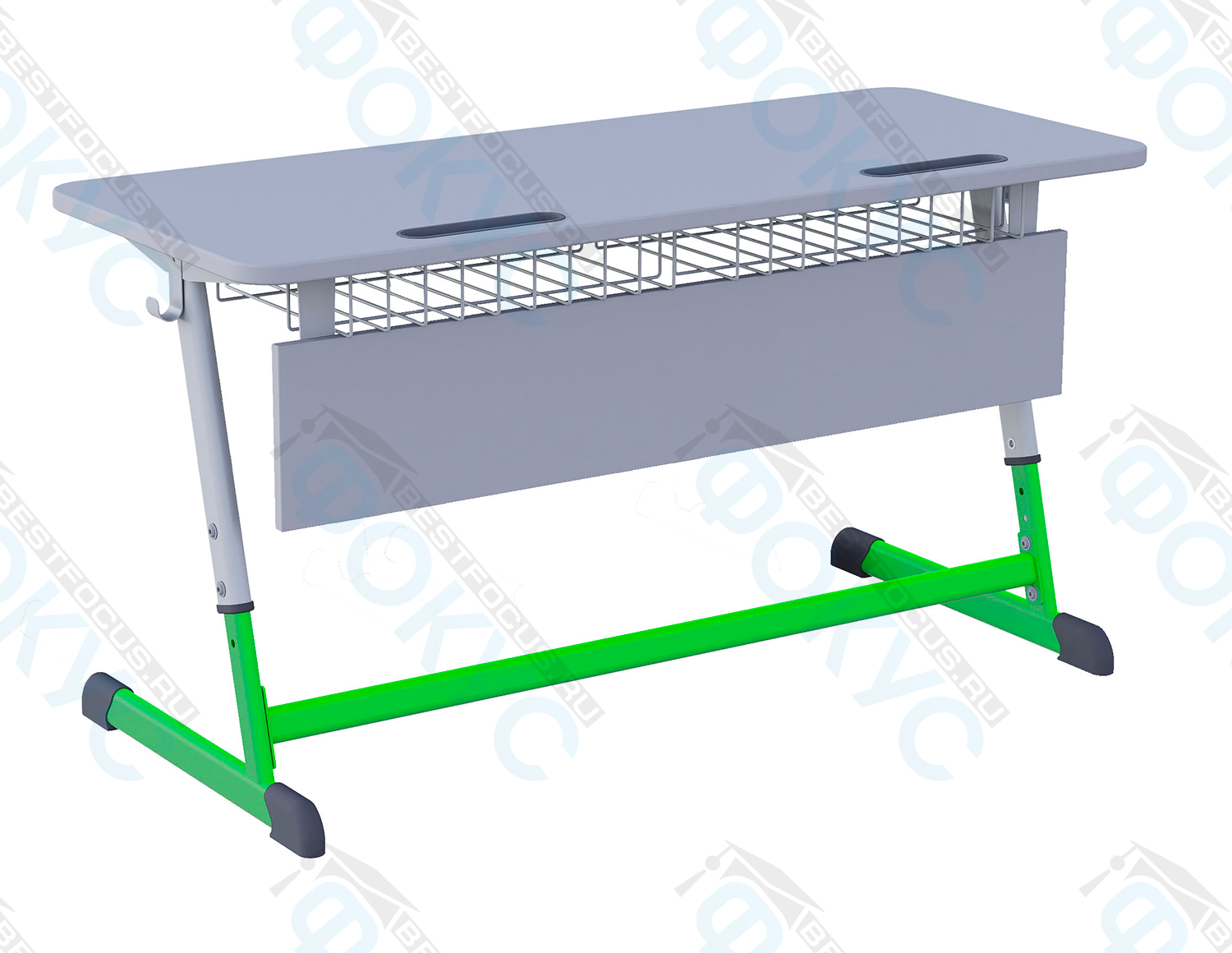 Двухместная школьная парта с серой столешницей, металлической сеткой, защитным экраном и ярко-зелёными регулируемыми металлическими опорами