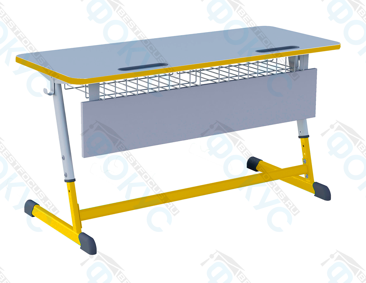 Учебная парта на двух учеников с серой столешницей, металлической корзиной и экраном, на жёлтом металлическом каркасе с регулируемыми ножками