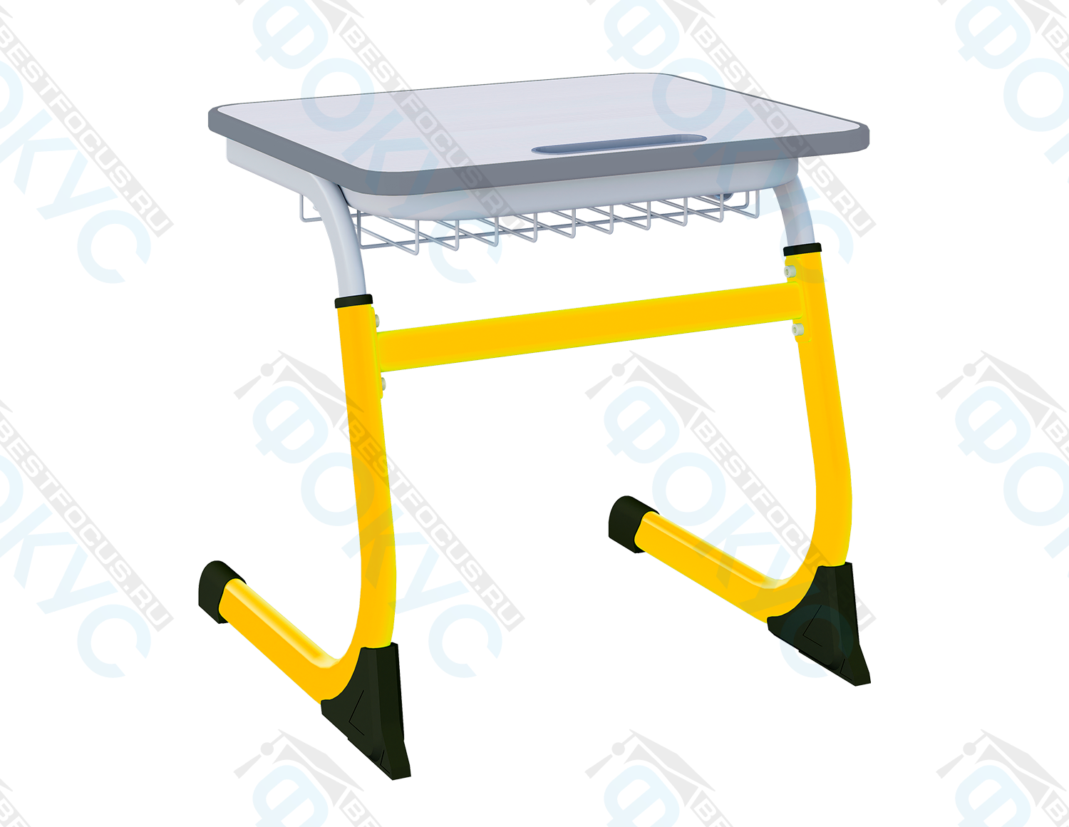 Одноместная ученическая парта с серой столешницей, металлической корзиной для книг и жёлтым металлическим каркасом с изогнутыми ножками и чёрными пластиковыми заглушками