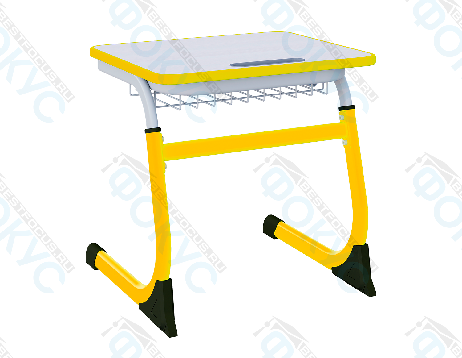 Одноместная ученическая парта со столешницей серого цвета и жёлтым металлическим каркасом, с металлической корзиной для книг и пластиковыми заглушками — школьный стол на металлокаркасе