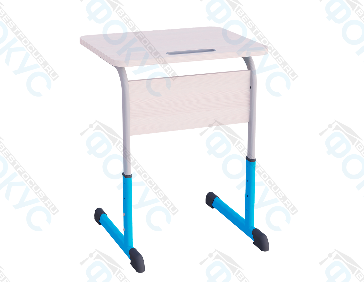 Одноместная школьная парта со светлой столешницей, синей регулируемой опорой и металлической перемычкой — ученический стол «Эра Стандарт» на металлокаркасе