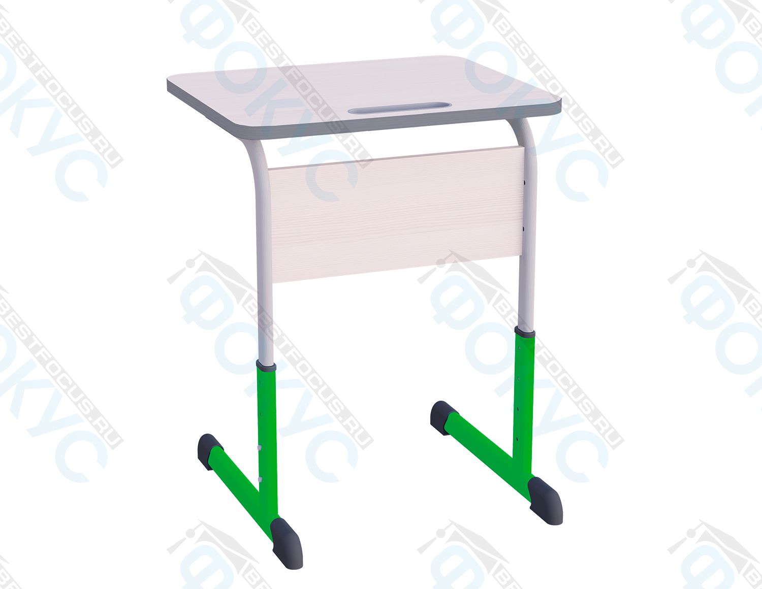 Одноместный ученический стол «Эра Стандарт» с серой столешницей, металлической опорой и зелёными регулируемыми ножками