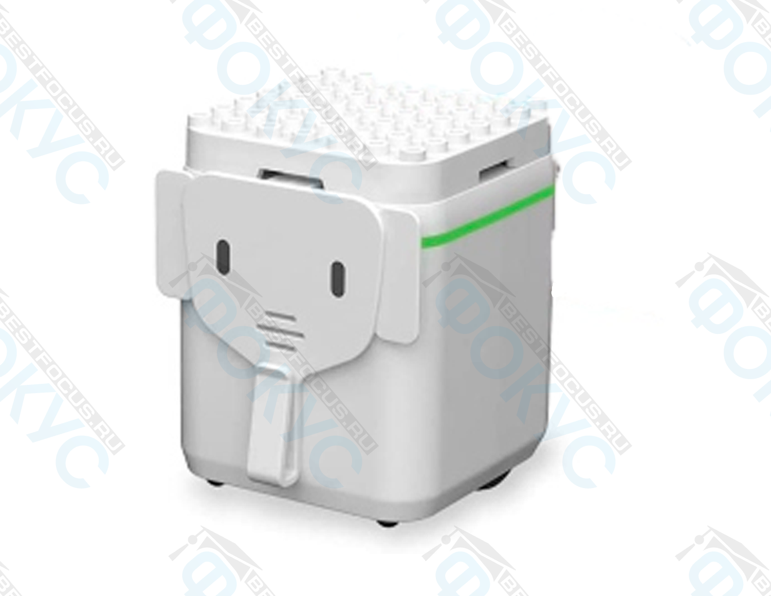 Контейнер учебного робототехнического комплекта «ЛОГОРОБОТ» в форме белого слона с зелёной полосой и крышкой-конструктором