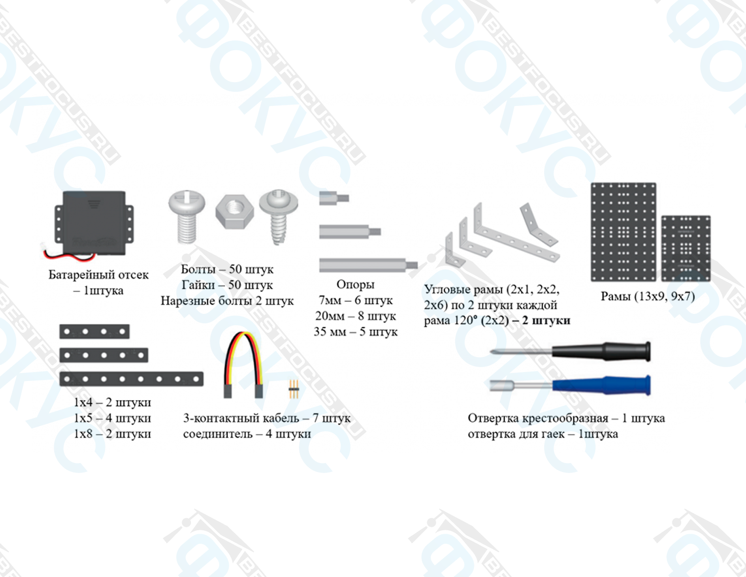 Комплектация базового робототехнического набора — батарейный отсек, болты, гайки, опоры, рамки, кабели, соединители и отвертки для сборки конструкций