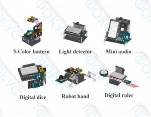 Компоненты расширенного робототехнического набора: многоцветный фонарь, датчик освещенности, мини-аудио, цифровые кости, роботизированная рука и цифровая линейка
